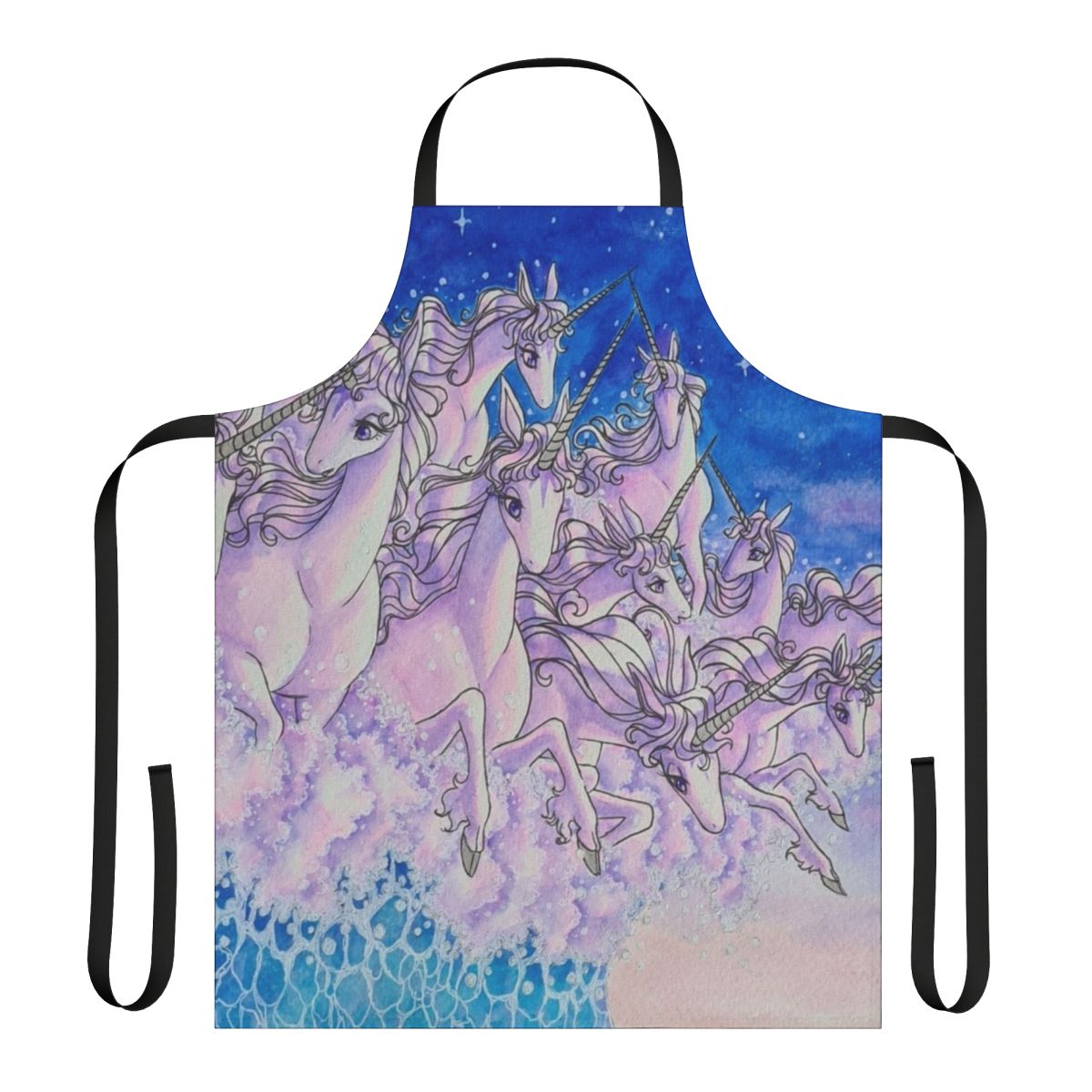 Whimsical watercolor design featuring a unicorn swimming in the ocean, with a fantasy theme and retro 80s vibes.