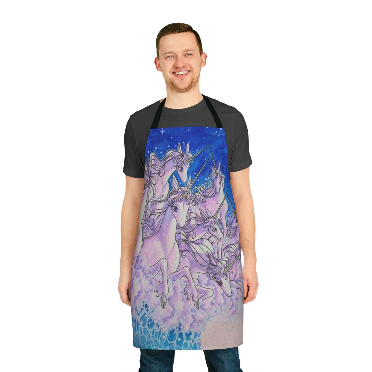 Whimsical watercolor design featuring a unicorn swimming in the ocean, with a fantasy theme and retro 80s vibes.