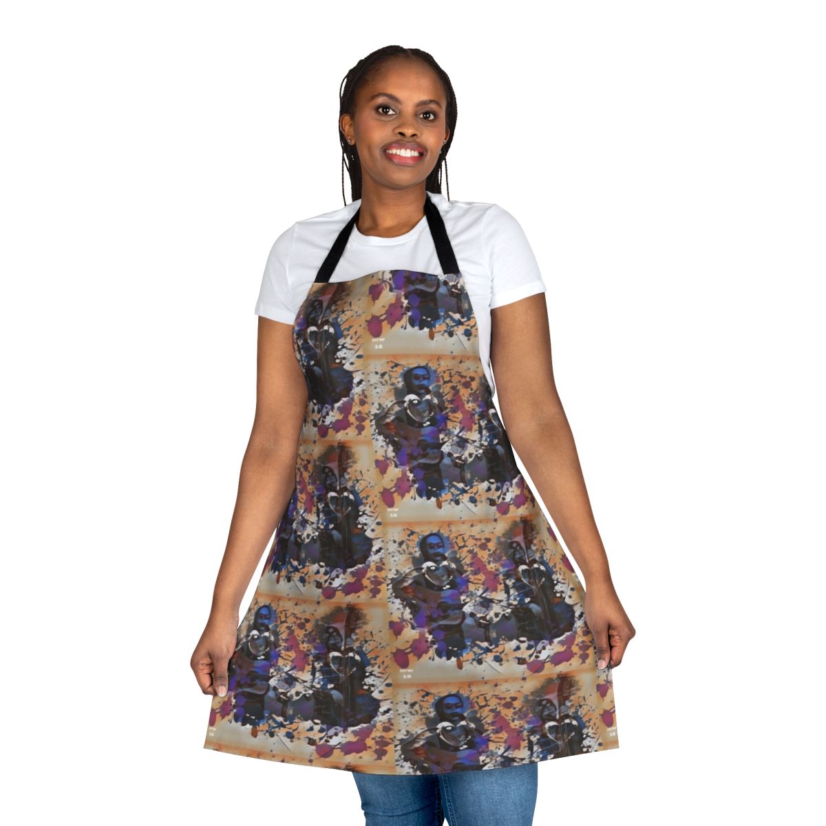 Whimsical apron featuring abstract floral and geometric designs inspired by the folk band The Way Down Wanderers