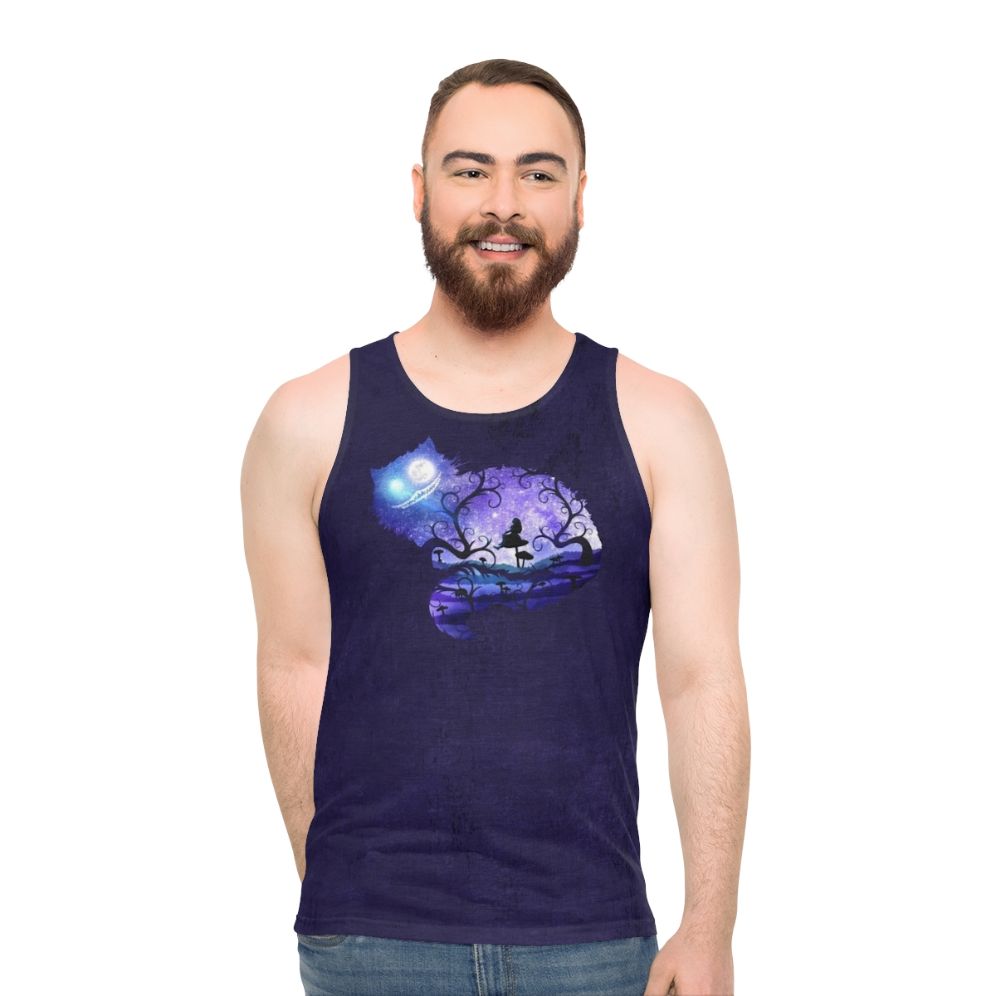 Whimsical unisex tank top with 'We Are All Mad Here' design featuring Alice in Wonderland's Cheshire Cat and night sky