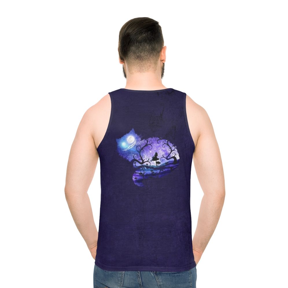 Whimsical unisex tank top with 'We Are All Mad Here' design featuring Alice in Wonderland's Cheshire Cat and night sky