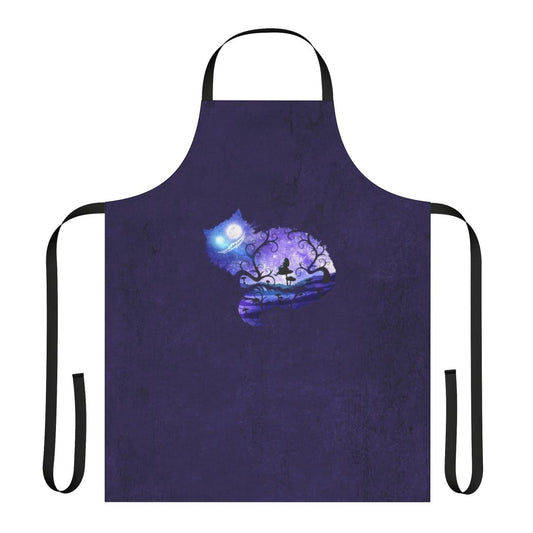 Whimsical 'We're All Mad Here' Apron featuring a cat silhouette and surreal, fairytale-inspired design