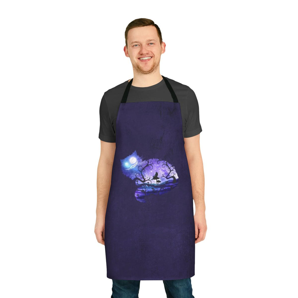 Whimsical 'We're All Mad Here' Apron featuring a cat silhouette and surreal, fairytale-inspired design