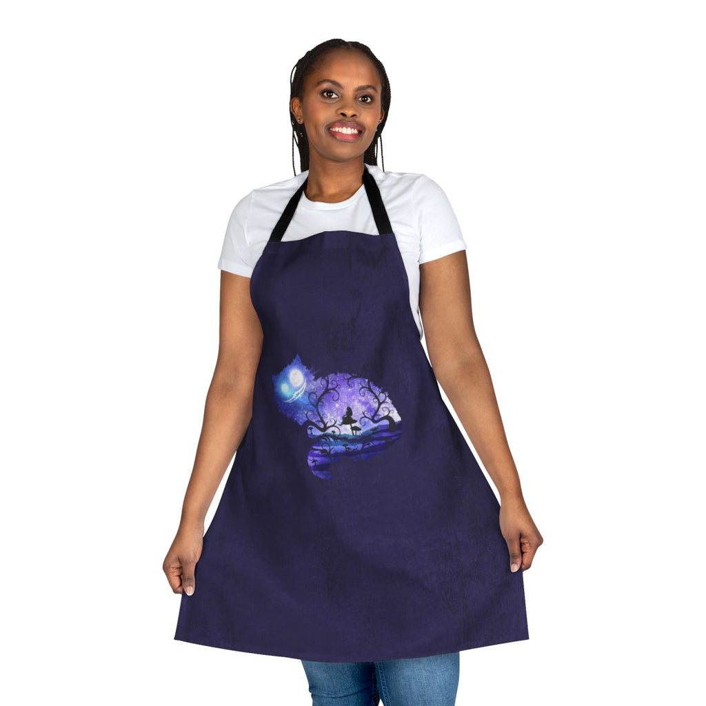 Whimsical 'We're All Mad Here' Apron featuring a cat silhouette and surreal, fairytale-inspired design
