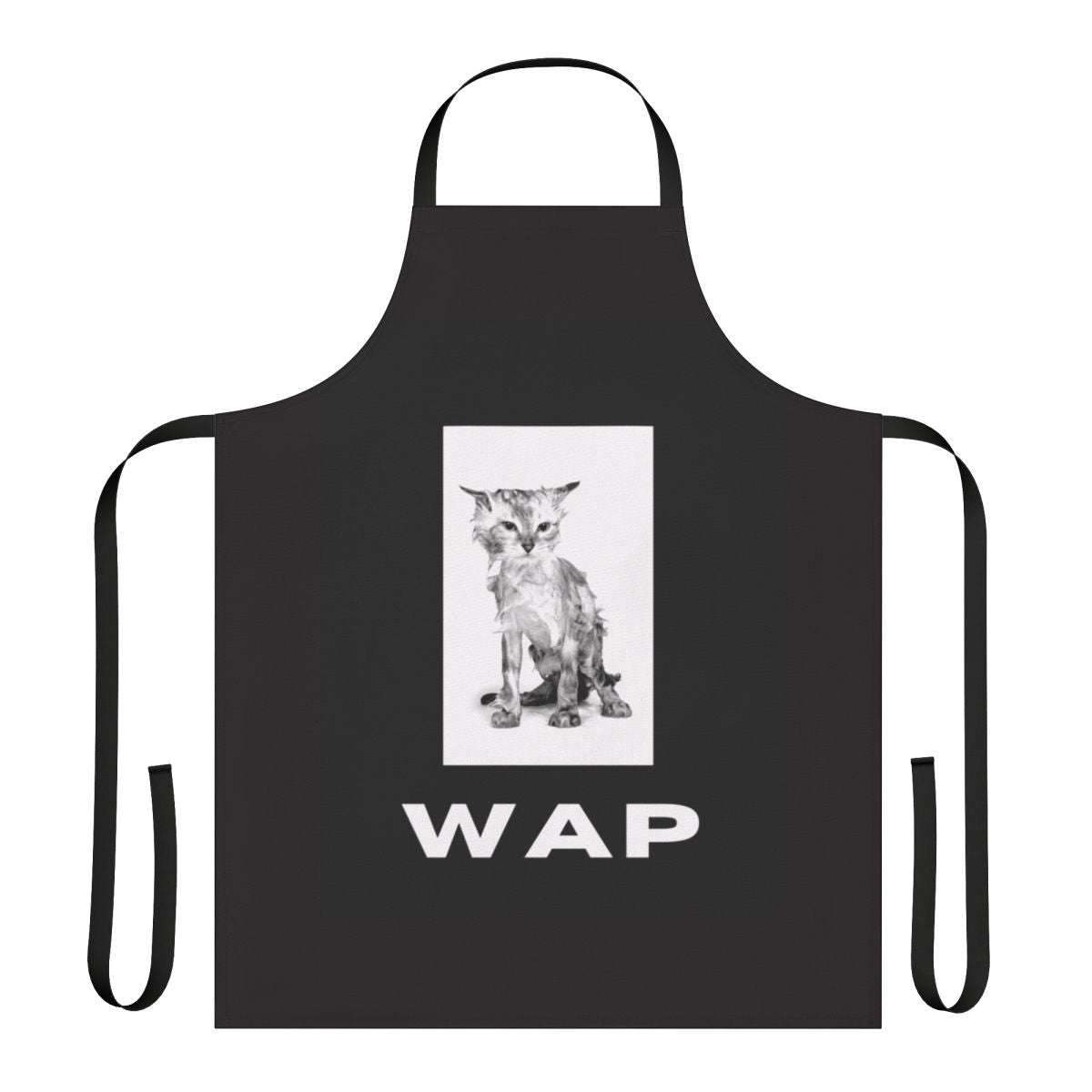 Whimsical wet cat design printed on a high-quality apron