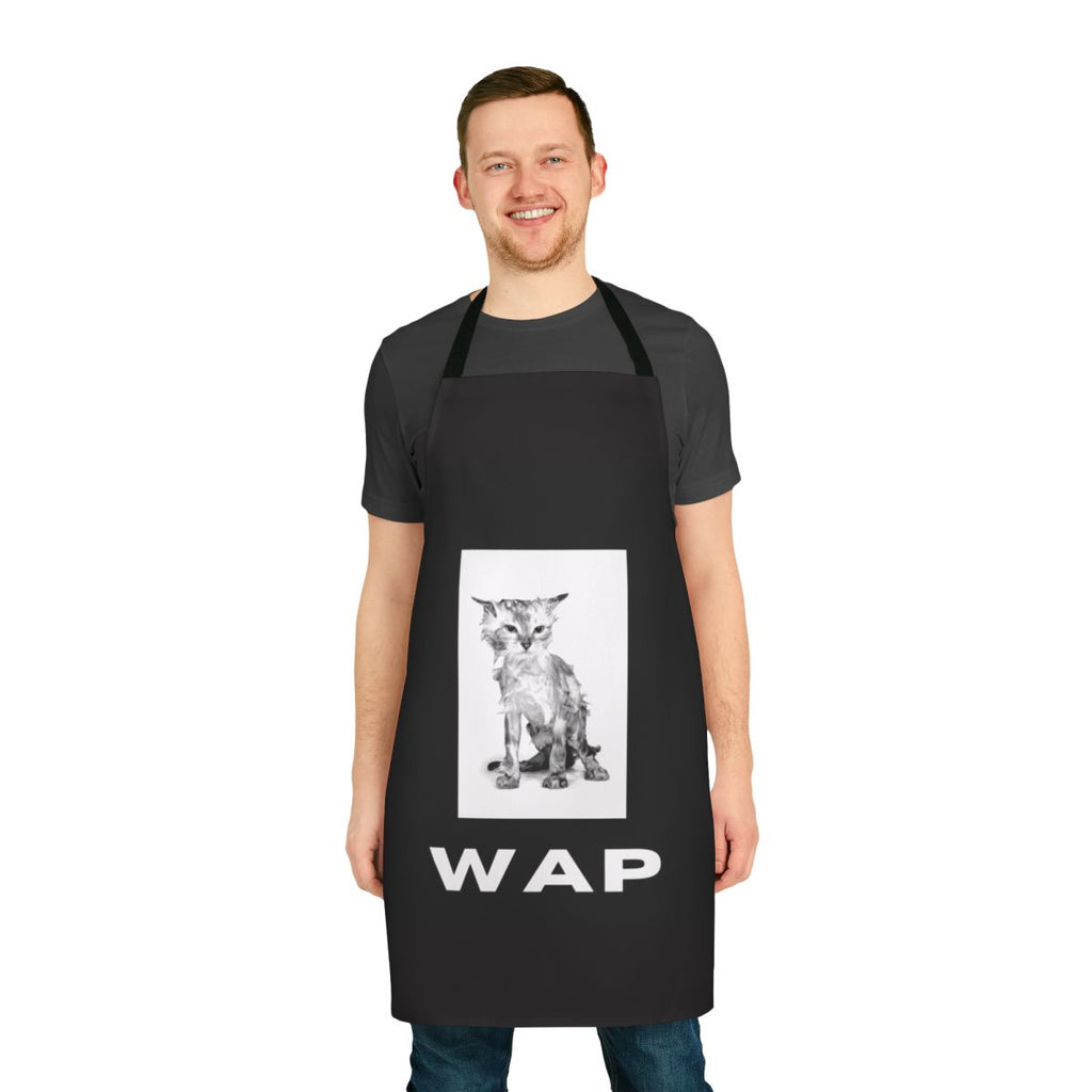 Whimsical wet cat design printed on a high-quality apron