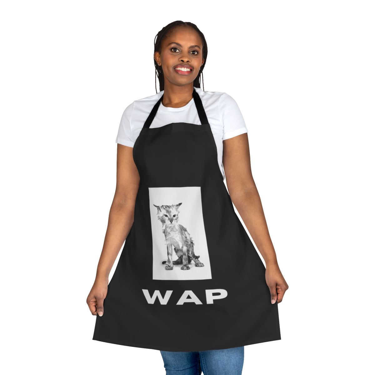 Whimsical wet cat design printed on a high-quality apron