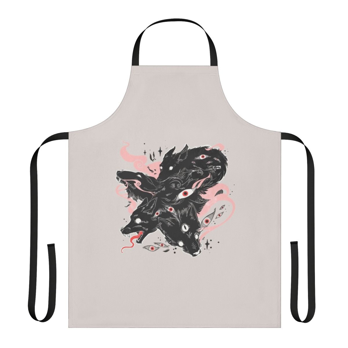 Apron featuring a whimsical design of a wild wolf with multiple eyes in a trippy, magical style.