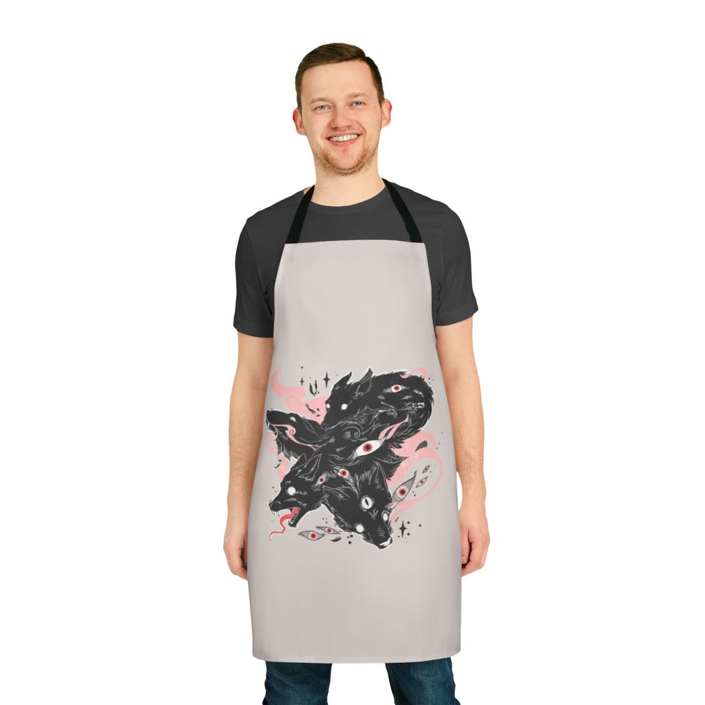 Apron featuring a whimsical design of a wild wolf with multiple eyes in a trippy, magical style.