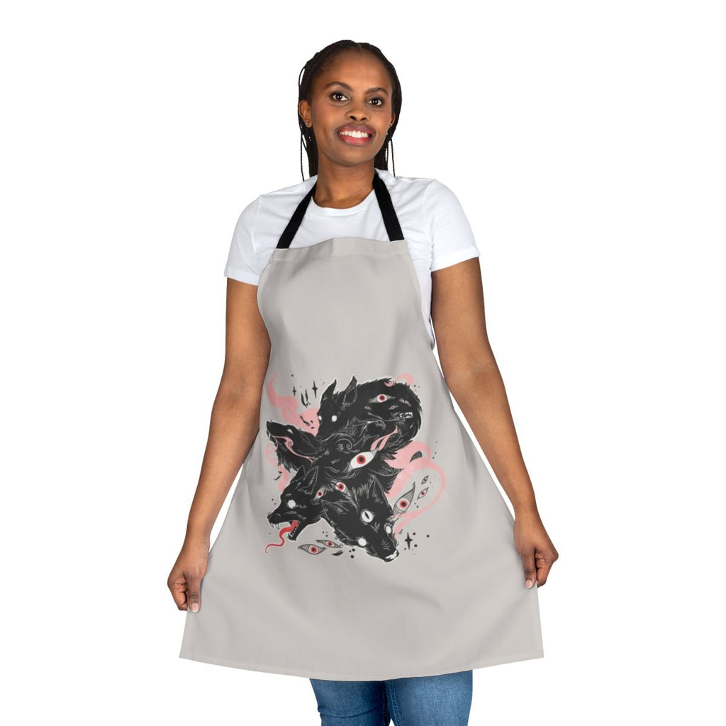 Apron featuring a whimsical design of a wild wolf with multiple eyes in a trippy, magical style.