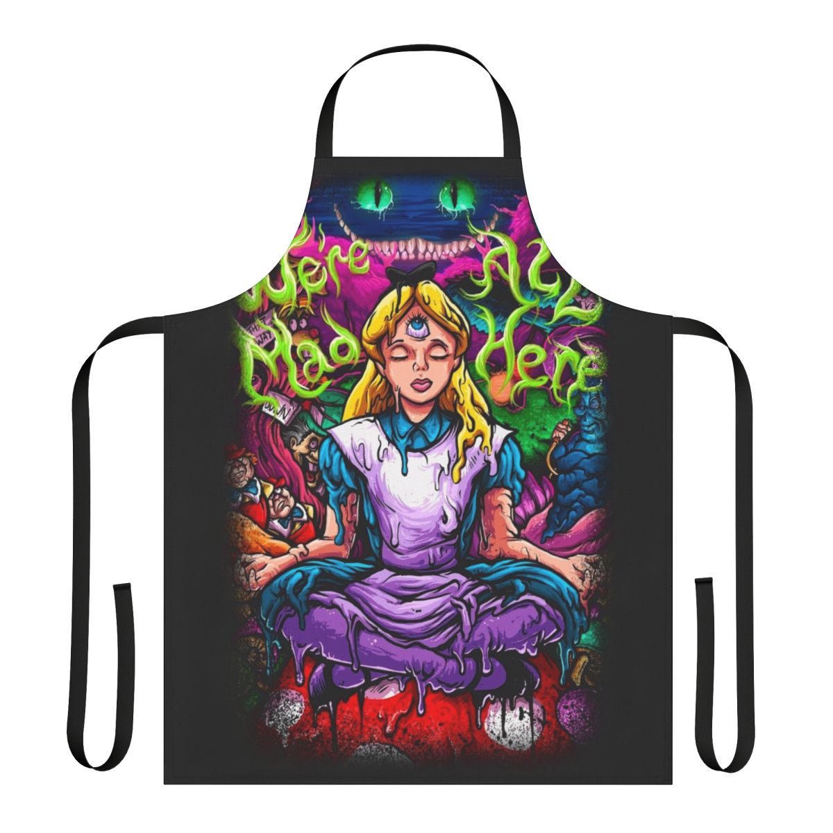 Vibrant, psychedelic-inspired apron featuring Alice in Wonderland characters and imagery