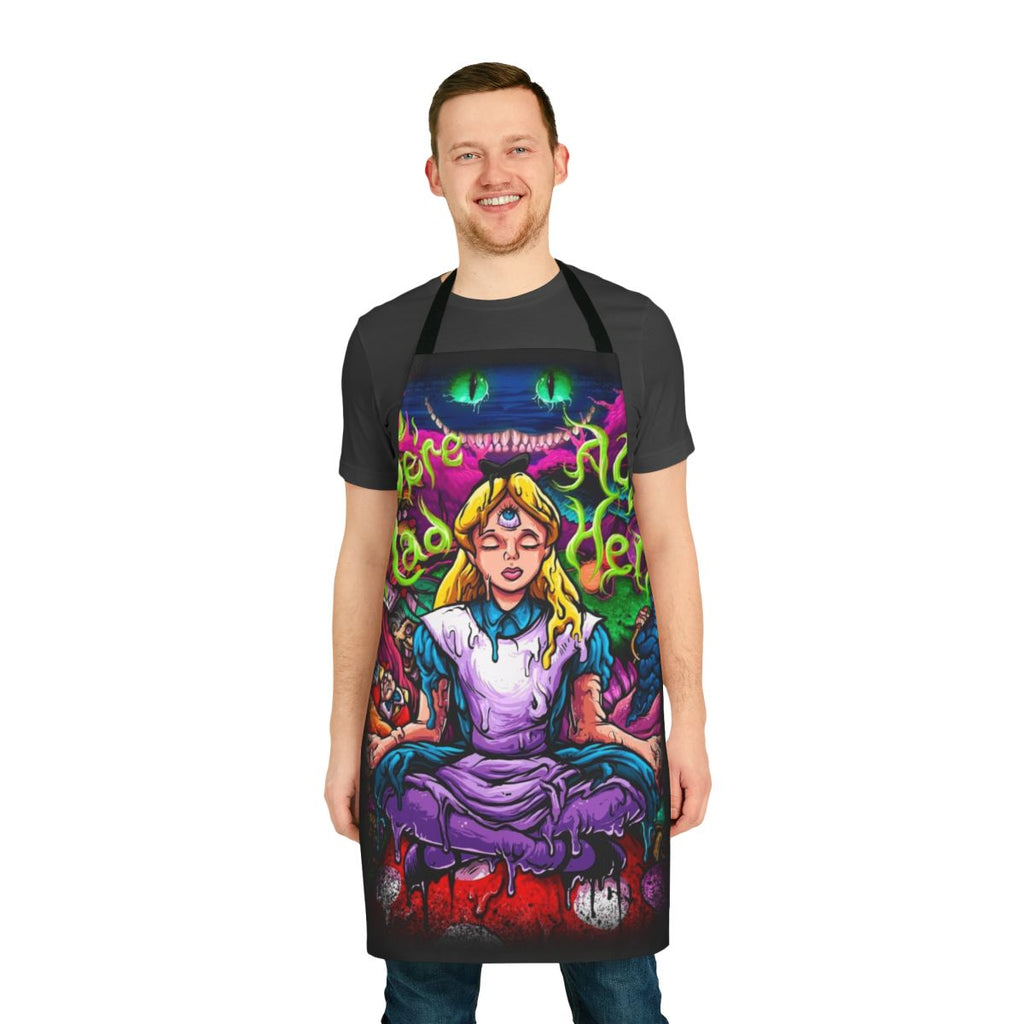 Vibrant, psychedelic-inspired apron featuring Alice in Wonderland characters and imagery