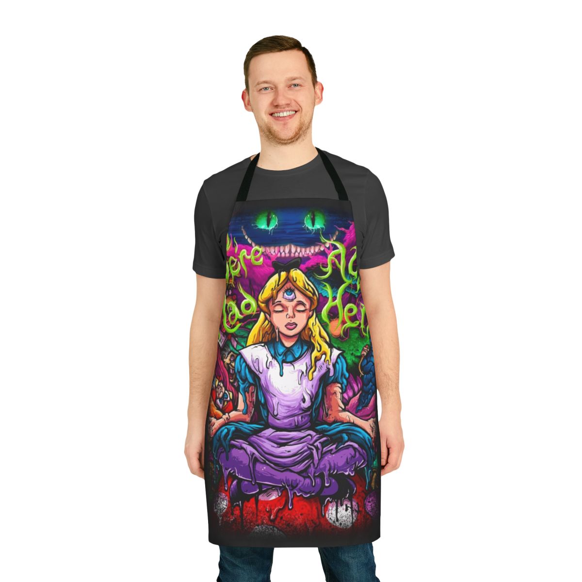 Vibrant, psychedelic-inspired apron featuring Alice in Wonderland characters and imagery