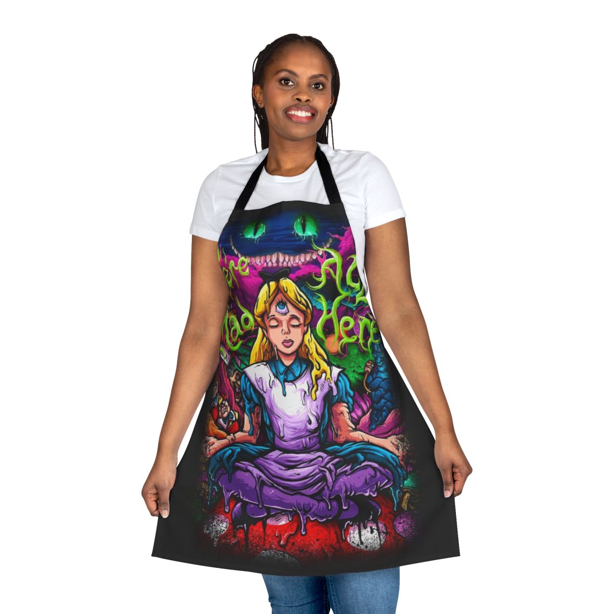 Vibrant, psychedelic-inspired apron featuring Alice in Wonderland characters and imagery