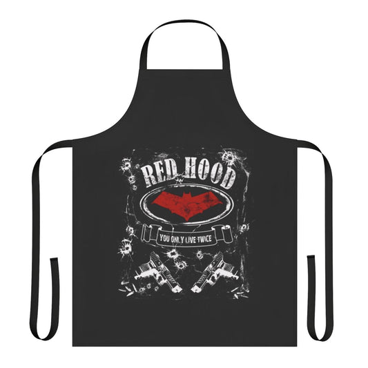 Red hood-themed apron with whiskey style design