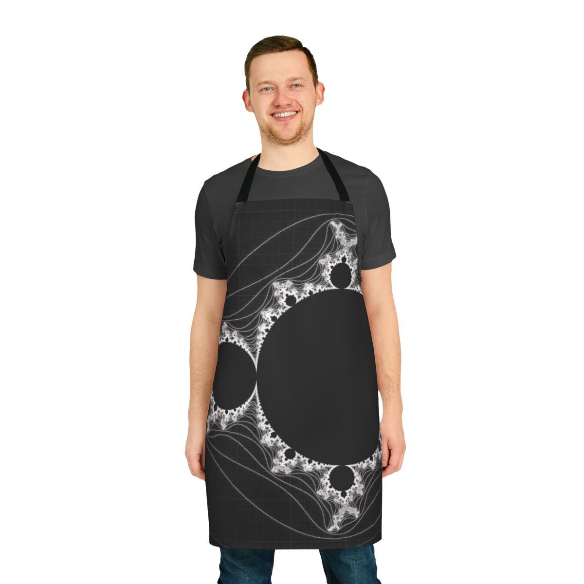 White apron featuring a linear Mandelbrot fractal pattern
