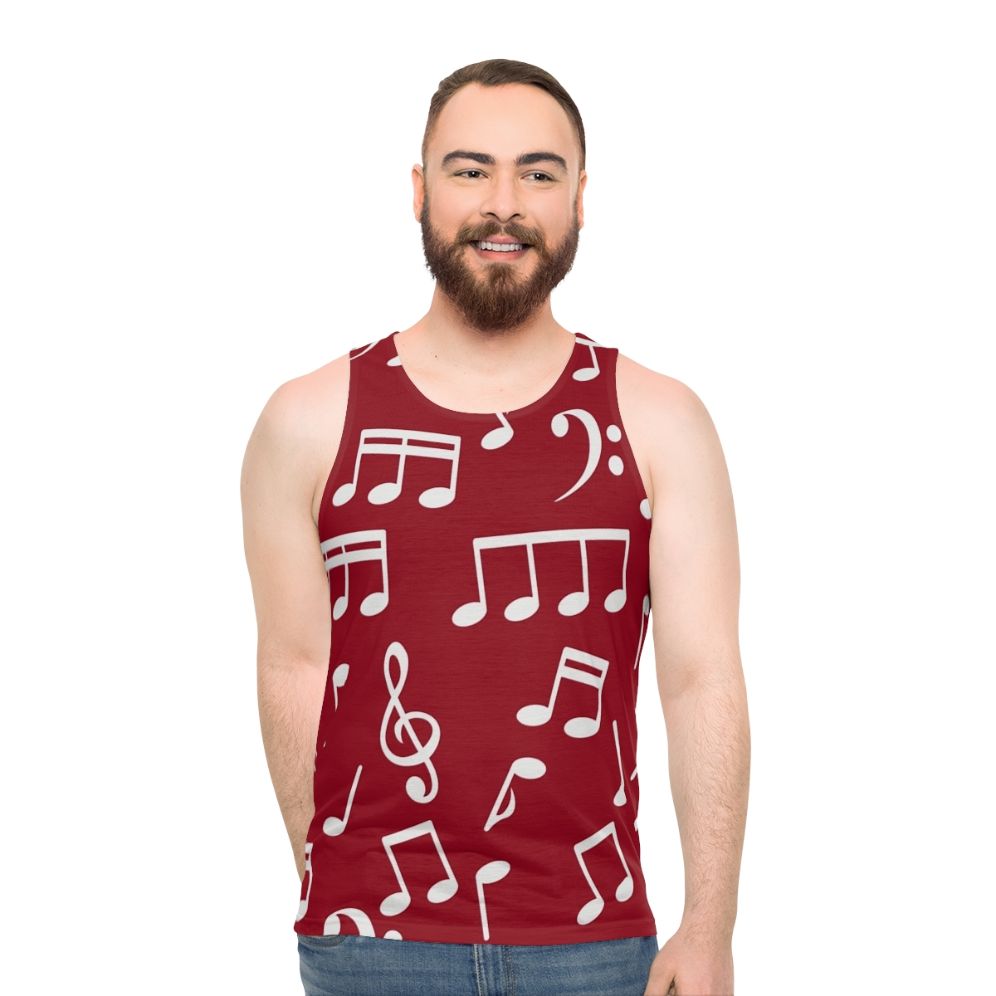 White music notes unisex tank top with red background