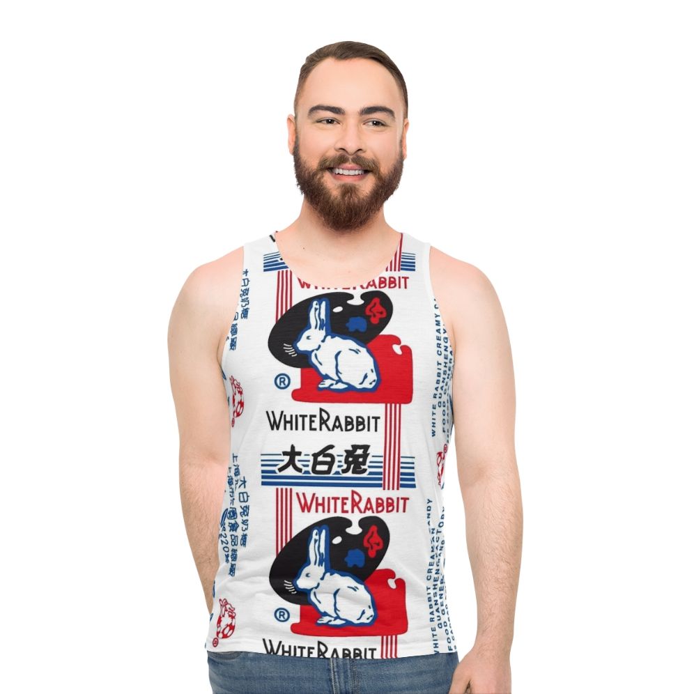 Unisex white tank top with white rabbit candy design