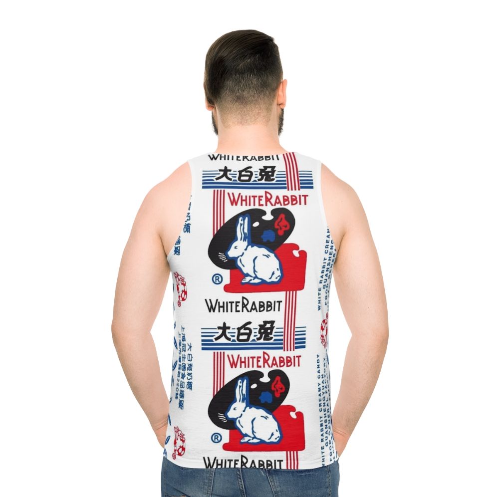 Unisex white tank top with white rabbit candy design