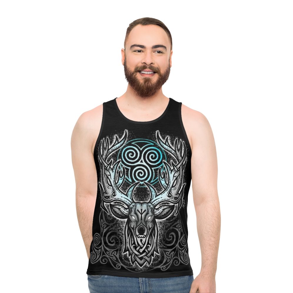 White stag unisex tank top with celtic runes and fantasy design