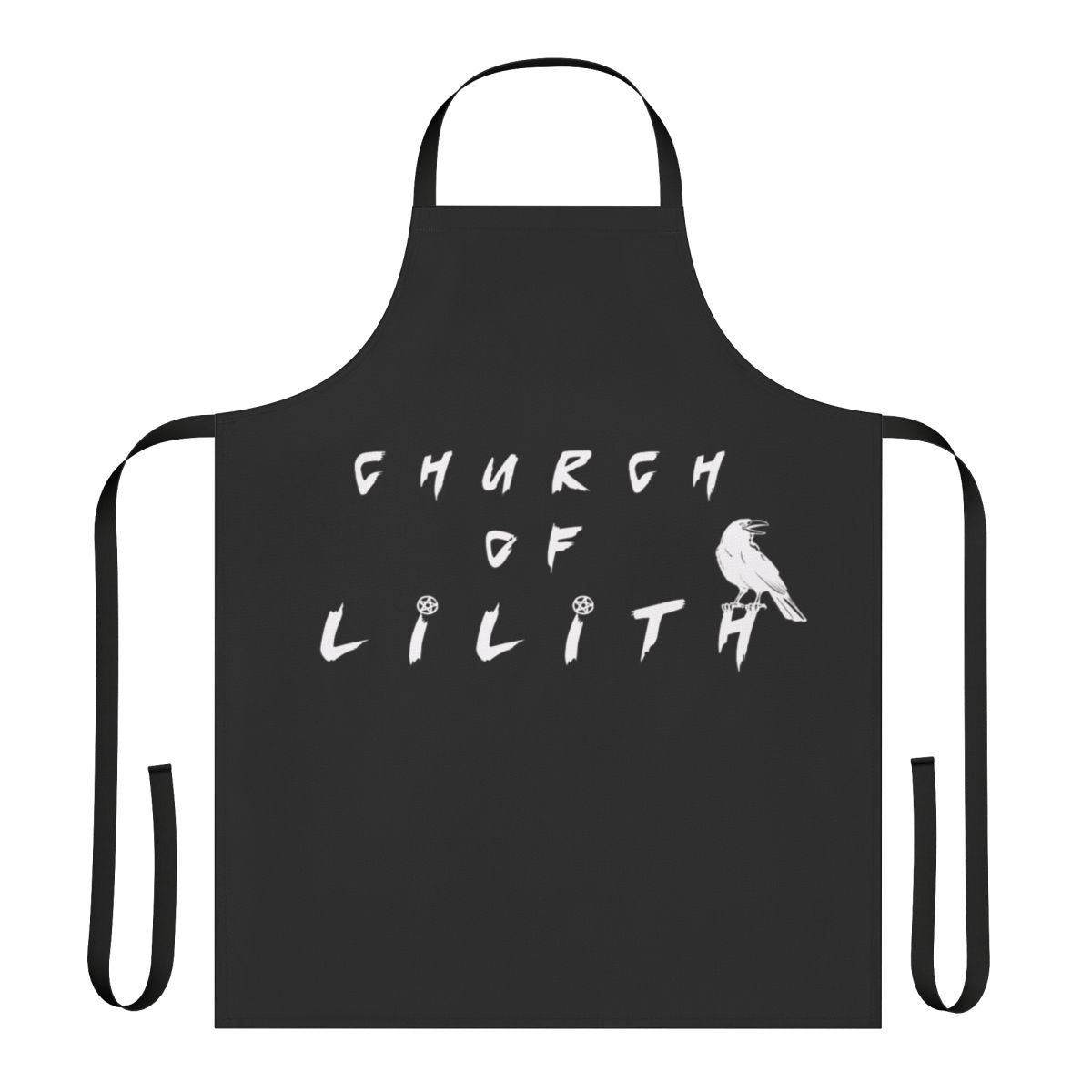 White typography apron with a gothic, satanic design for the kitchen