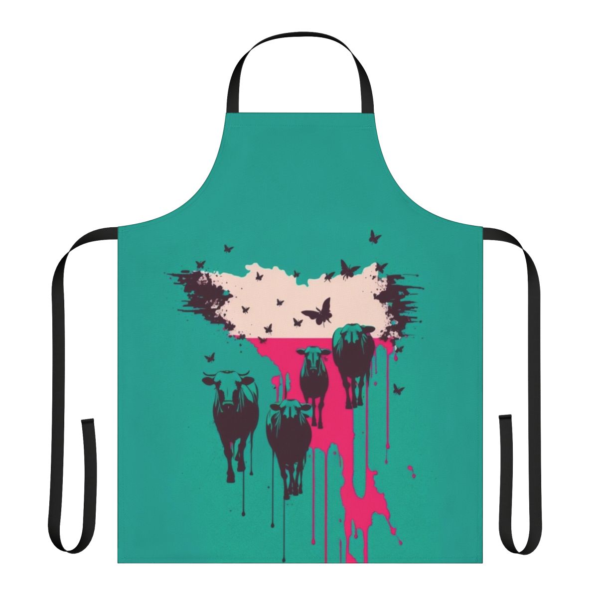 A stylish apron featuring a design of wild cows, perfect for the kitchen or barbecue.