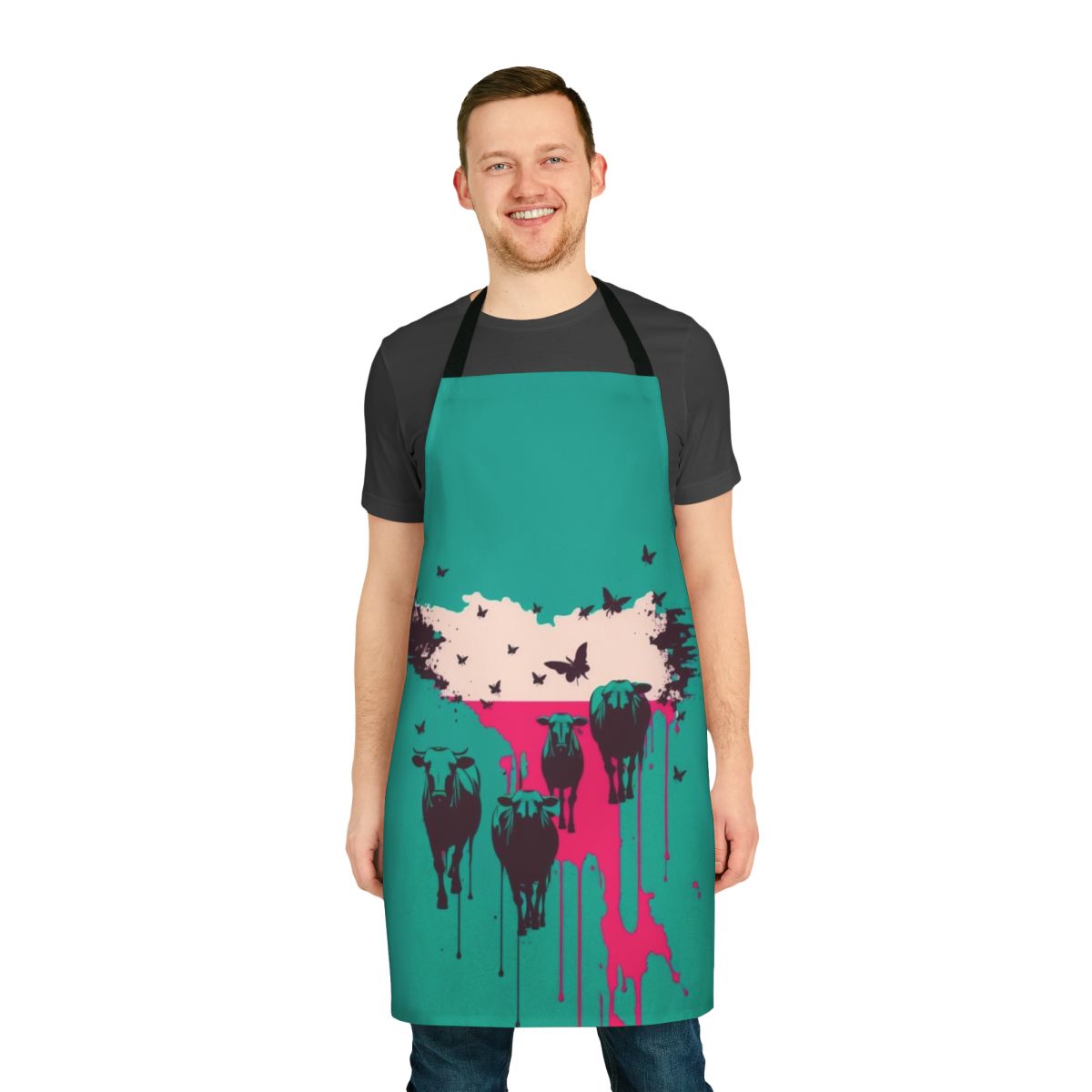 A stylish apron featuring a design of wild cows, perfect for the kitchen or barbecue.