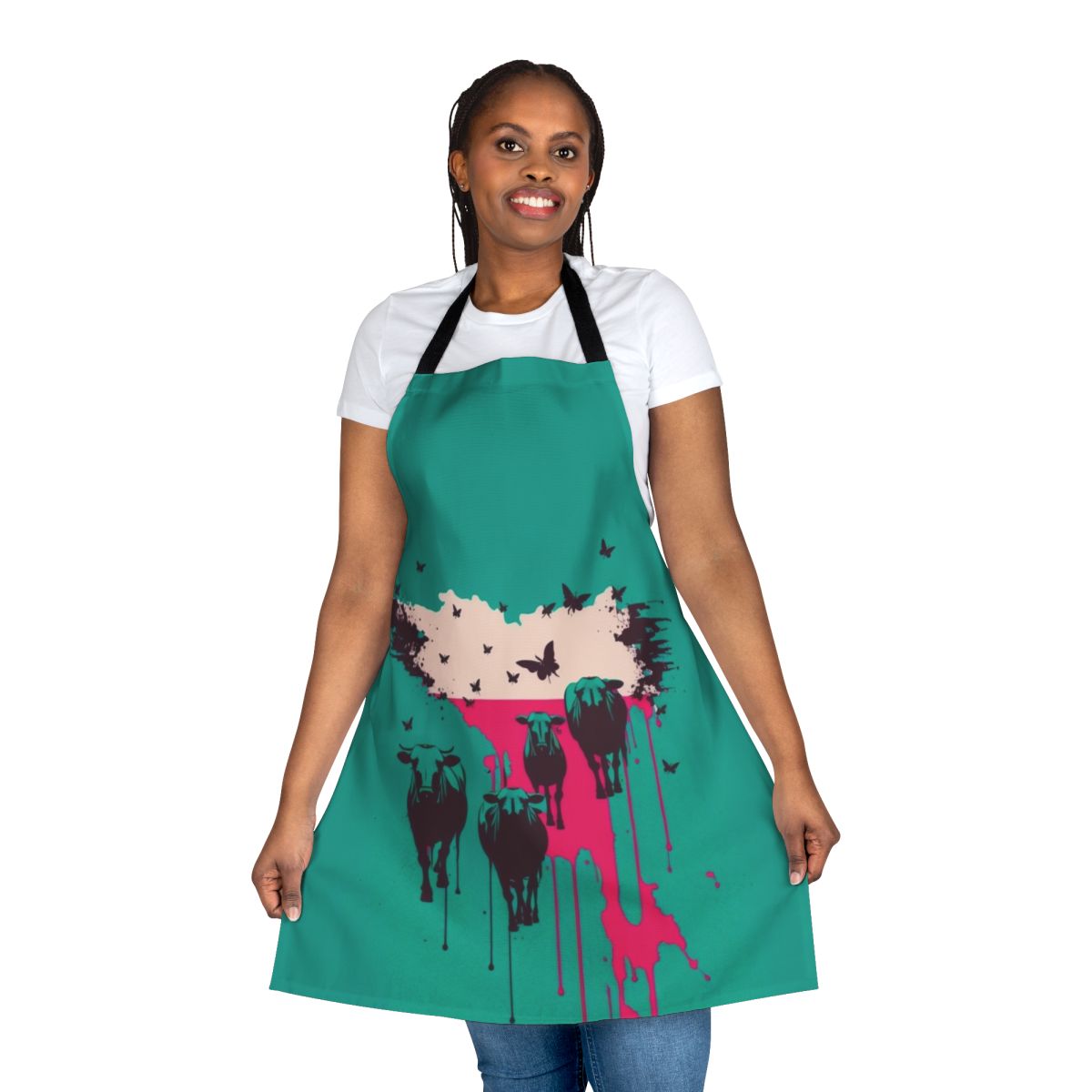A stylish apron featuring a design of wild cows, perfect for the kitchen or barbecue.