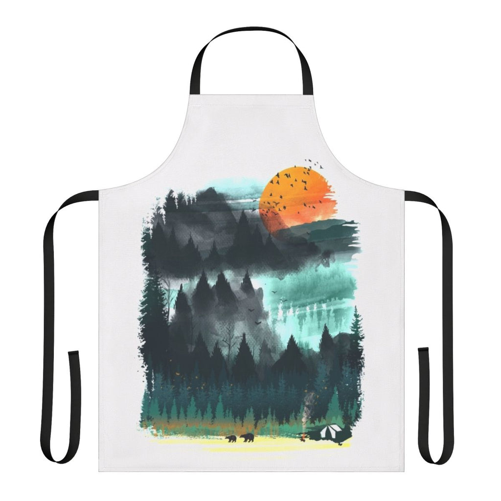 A watercolor-style painting of a forested wilderness scene on a durable apron.