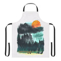 A watercolor-style painting of a forested wilderness scene on a durable apron.