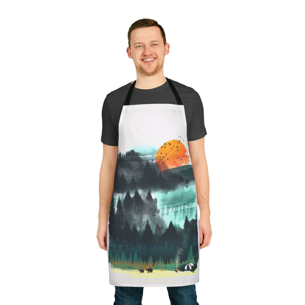 A watercolor-style painting of a forested wilderness scene on a durable apron.