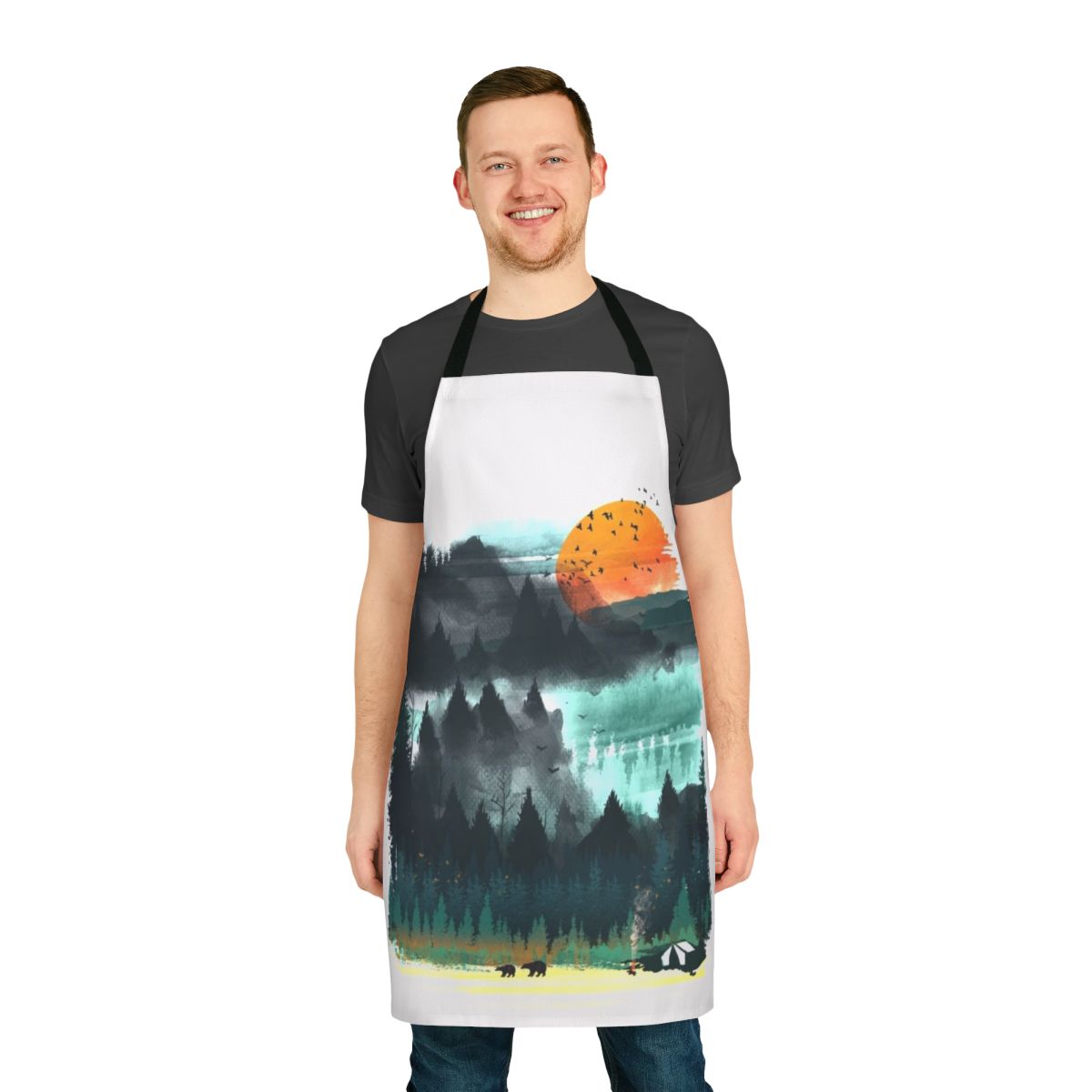 A watercolor-style painting of a forested wilderness scene on a durable apron.