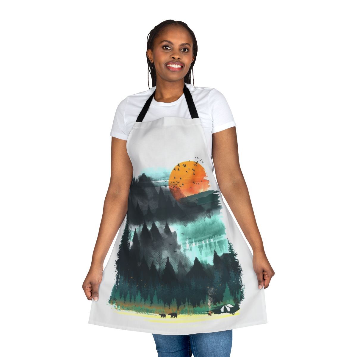A watercolor-style painting of a forested wilderness scene on a durable apron.