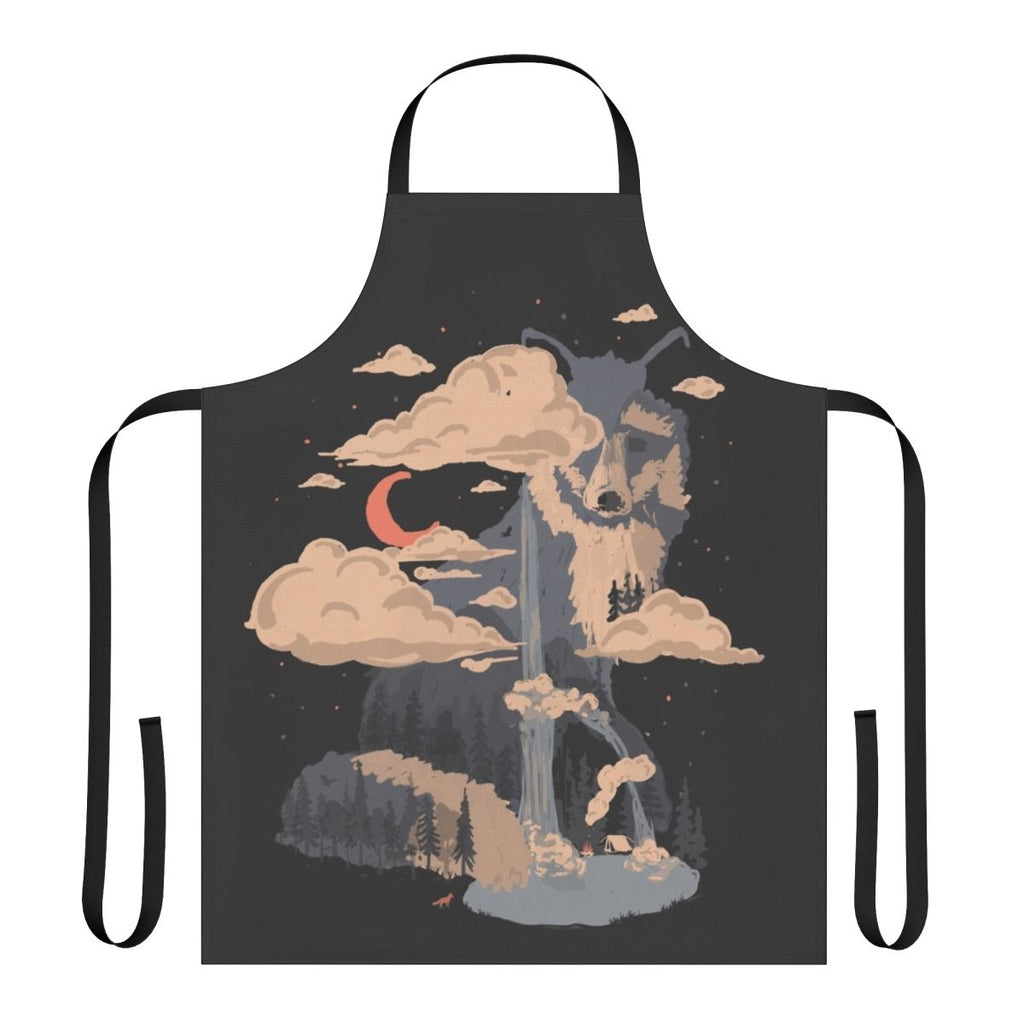 Apron featuring a scenic wilderness landscape with a fox, waterfall, and mountains