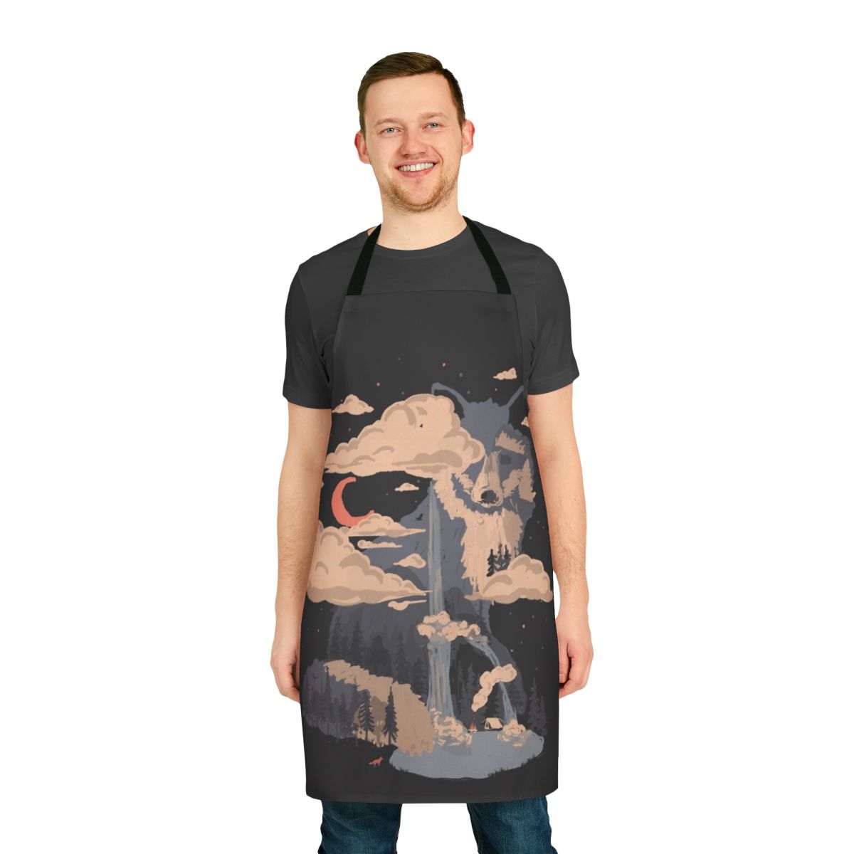 Apron featuring a scenic wilderness landscape with a fox, waterfall, and mountains