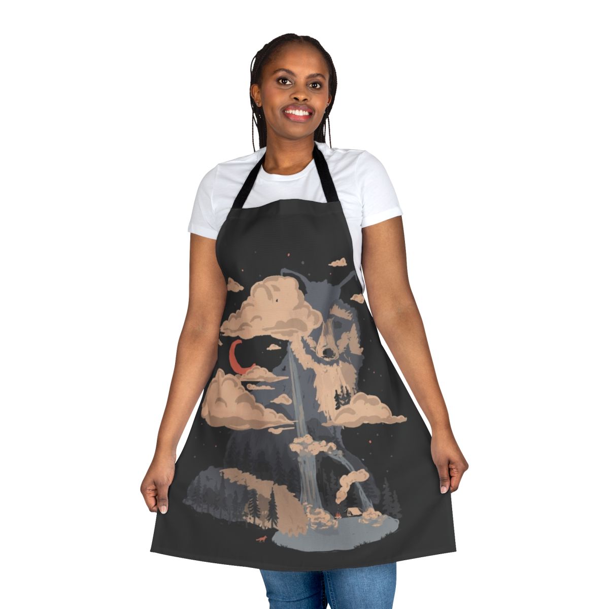 Apron featuring a scenic wilderness landscape with a fox, waterfall, and mountains