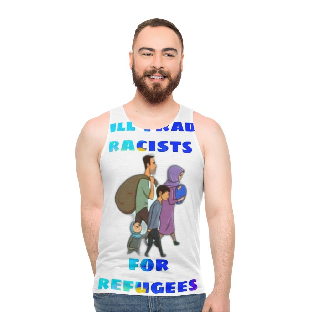 Unisex tank top with anti-racism message