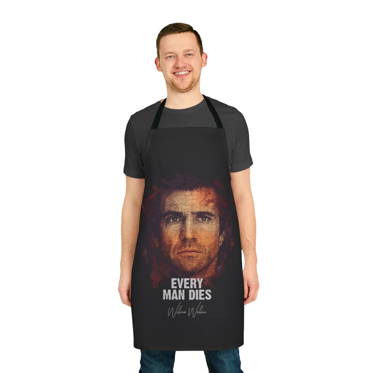 A high-quality apron featuring an illustration of the historical figure William Wallace, known for his role in the Scottish Wars of Independence.