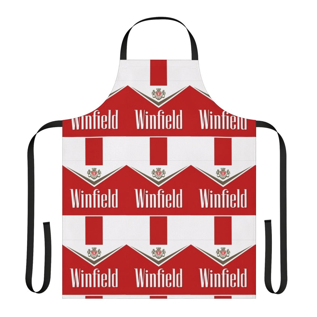 Red apron with Winfield branding and design, perfect for smoking and chilling