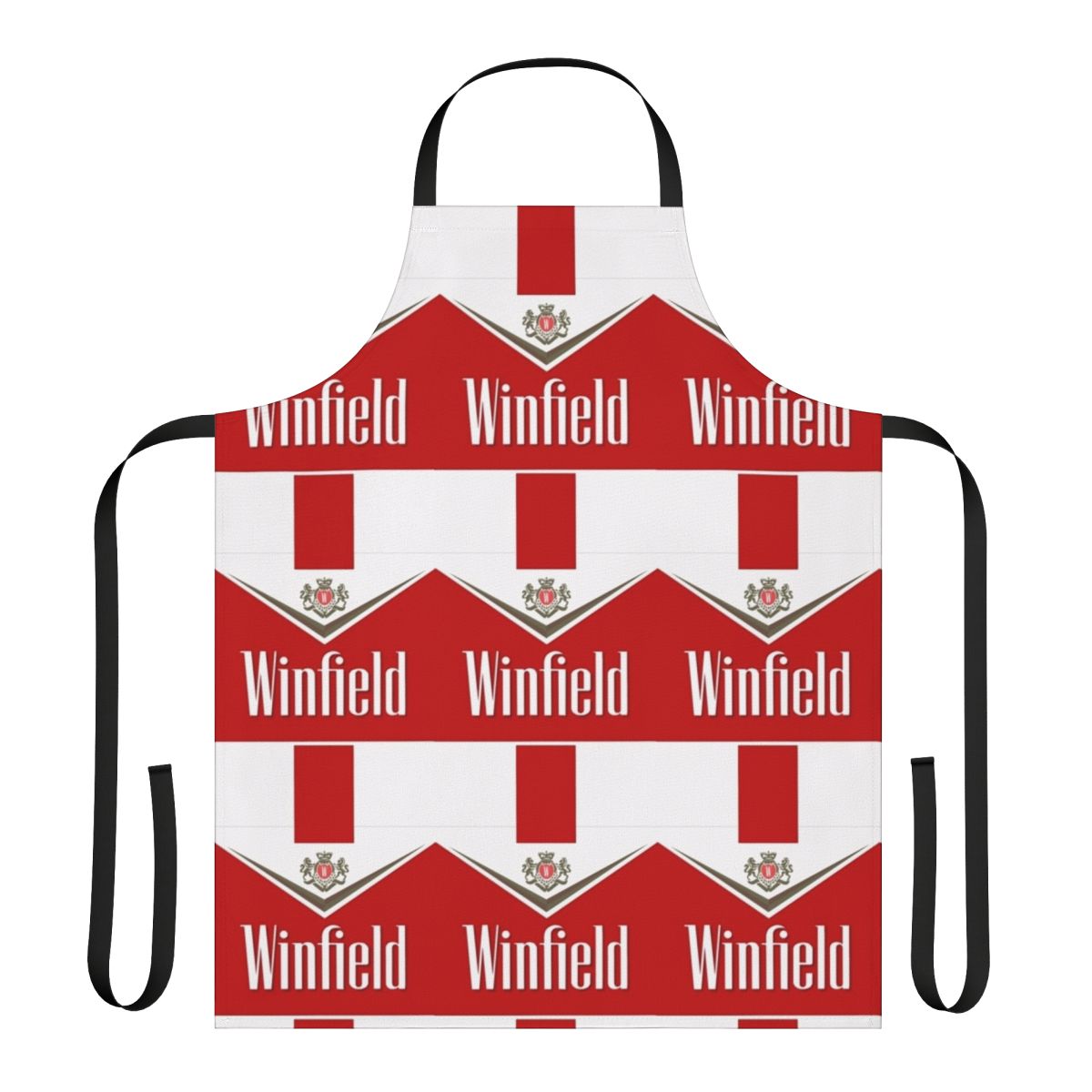 Red apron with Winfield branding and design, perfect for smoking and chilling