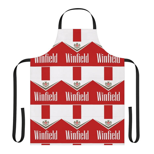 Red apron with Winfield branding and design, perfect for smoking and chilling