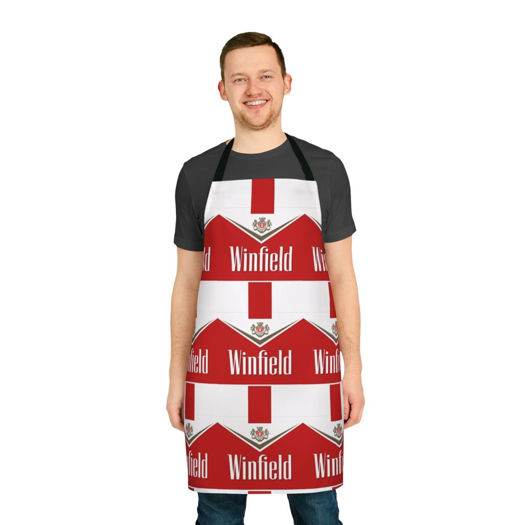 Red apron with Winfield branding and design, perfect for smoking and chilling