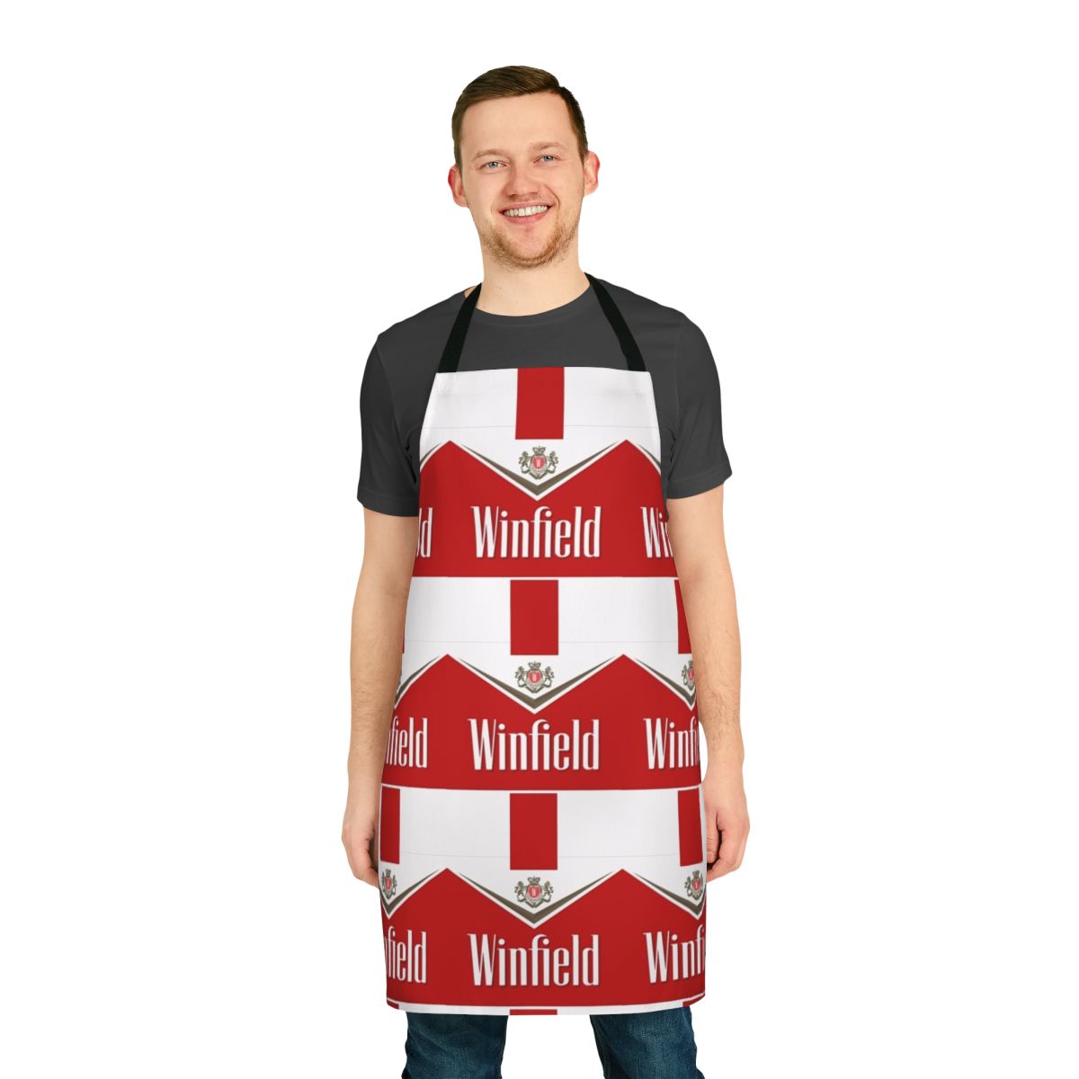 Red apron with Winfield branding and design, perfect for smoking and chilling