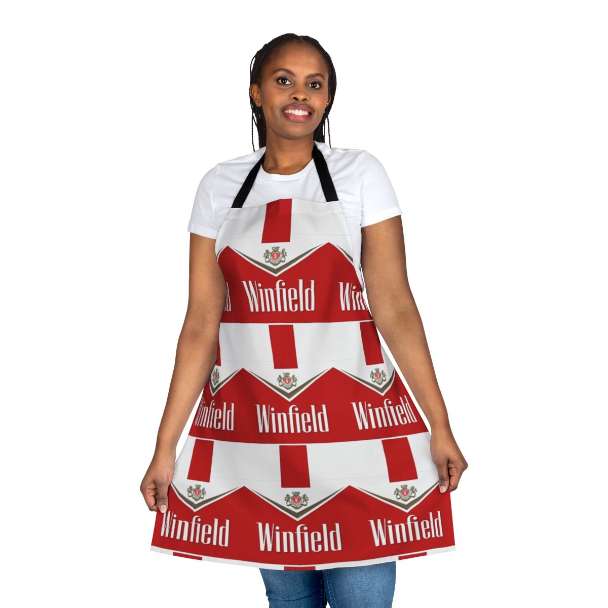 Red apron with Winfield branding and design, perfect for smoking and chilling
