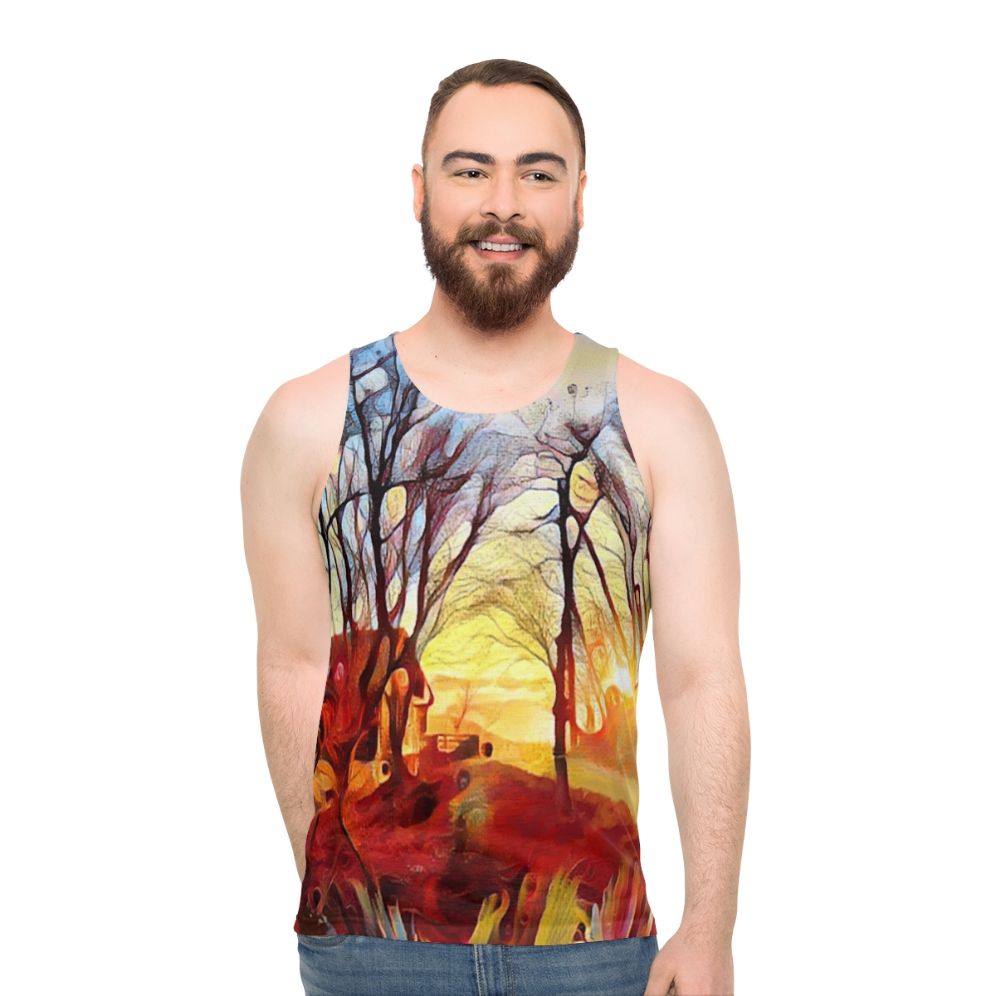 Unisex tank top with a serene mountain landscape and sunrise over trees design