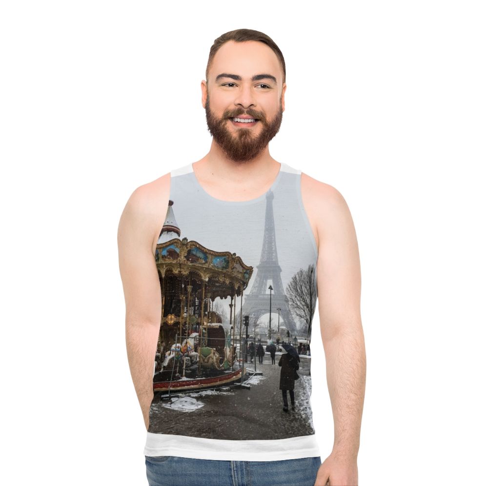 Unisex tank top with Eiffel Tower and winter scene design