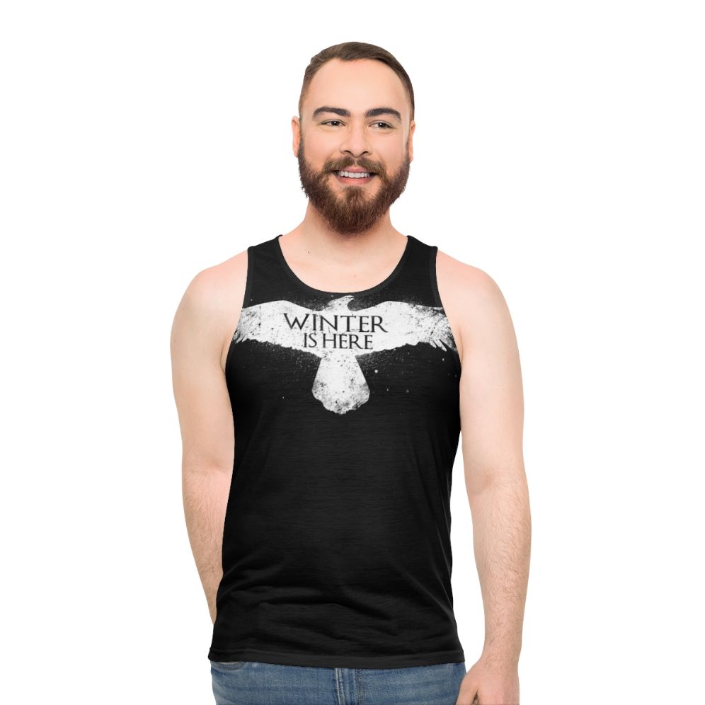 Winter Is Here Unisex Tank Top with White Raven Design