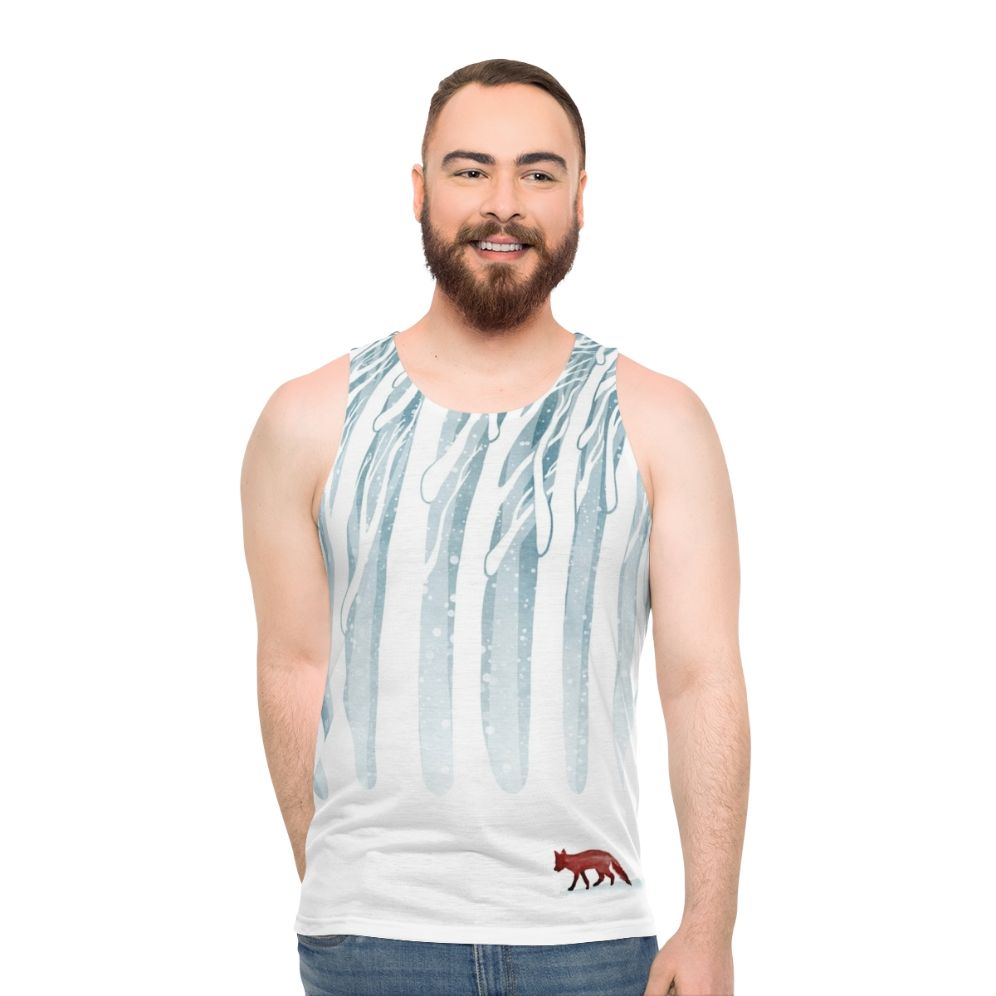 Unisex tank top with a snowy forest and fox design