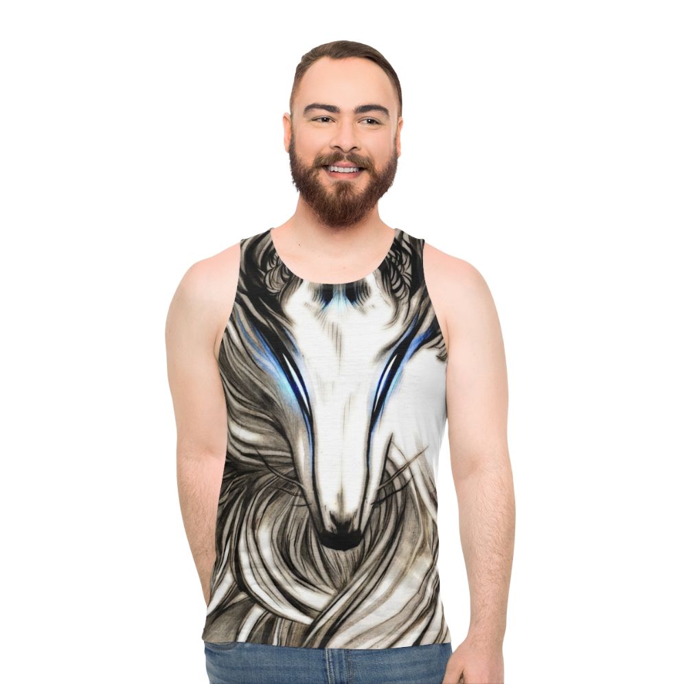 Winter wolf illustration on black and white unisex tank top