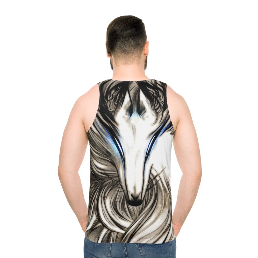 Winter wolf illustration on black and white unisex tank top